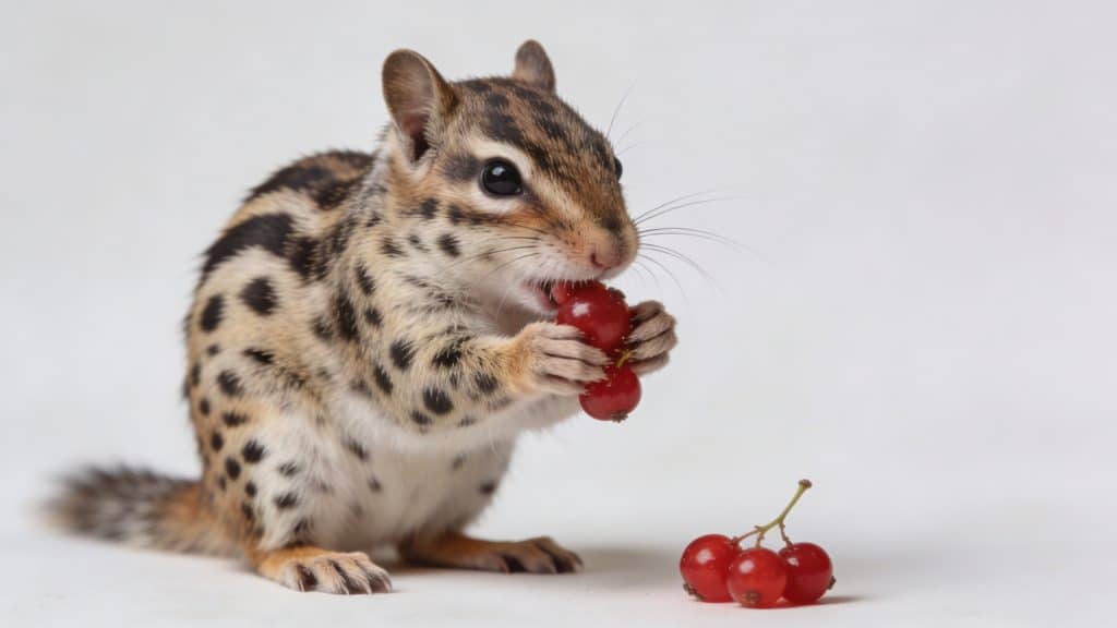 Petit mammifere tachete mange des baies rouges