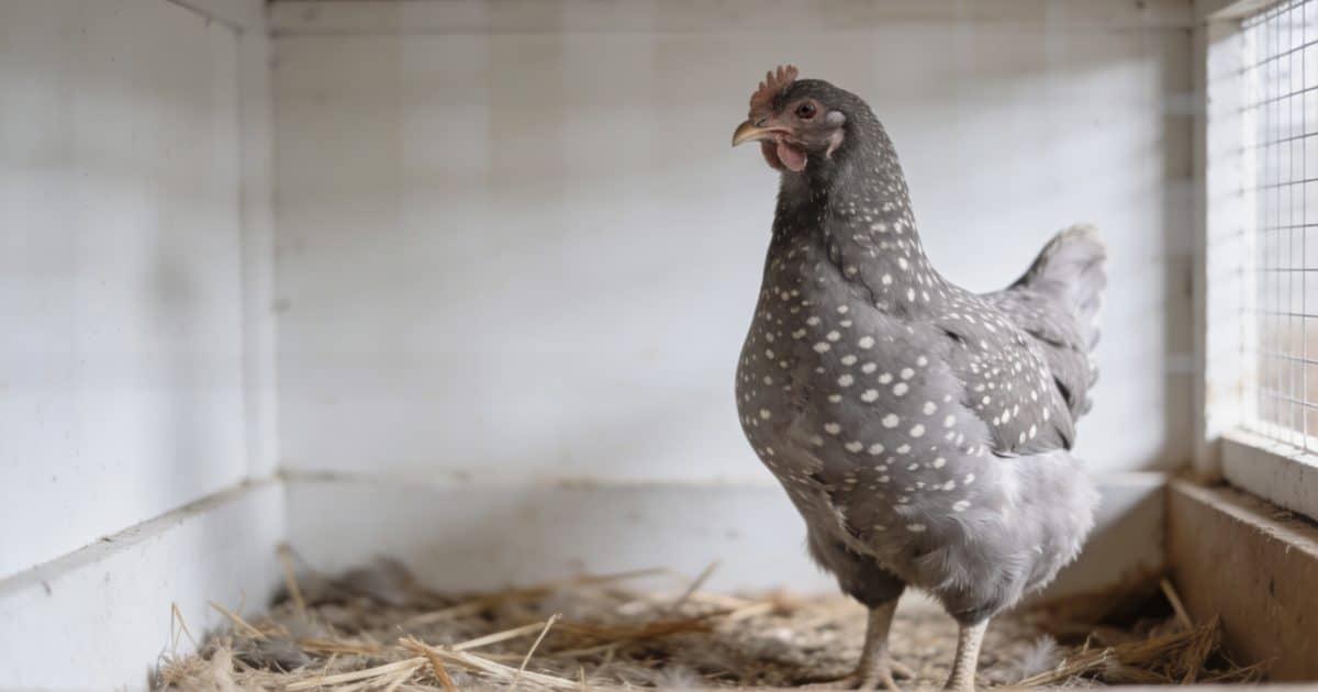 Poule grise tachetée debout dans un poulailler