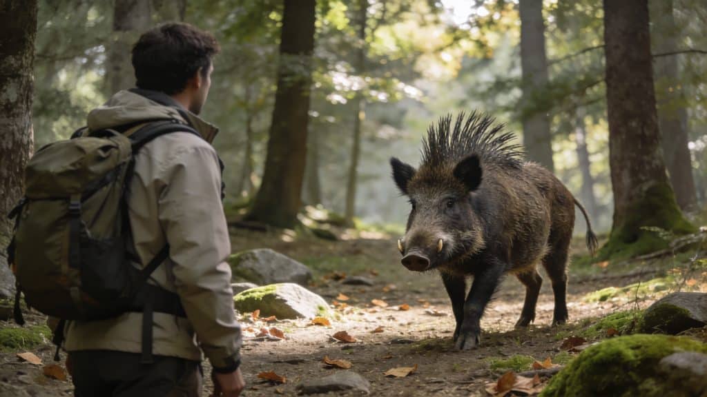 Randonneur immobile observant un sanglier menaçant en foret