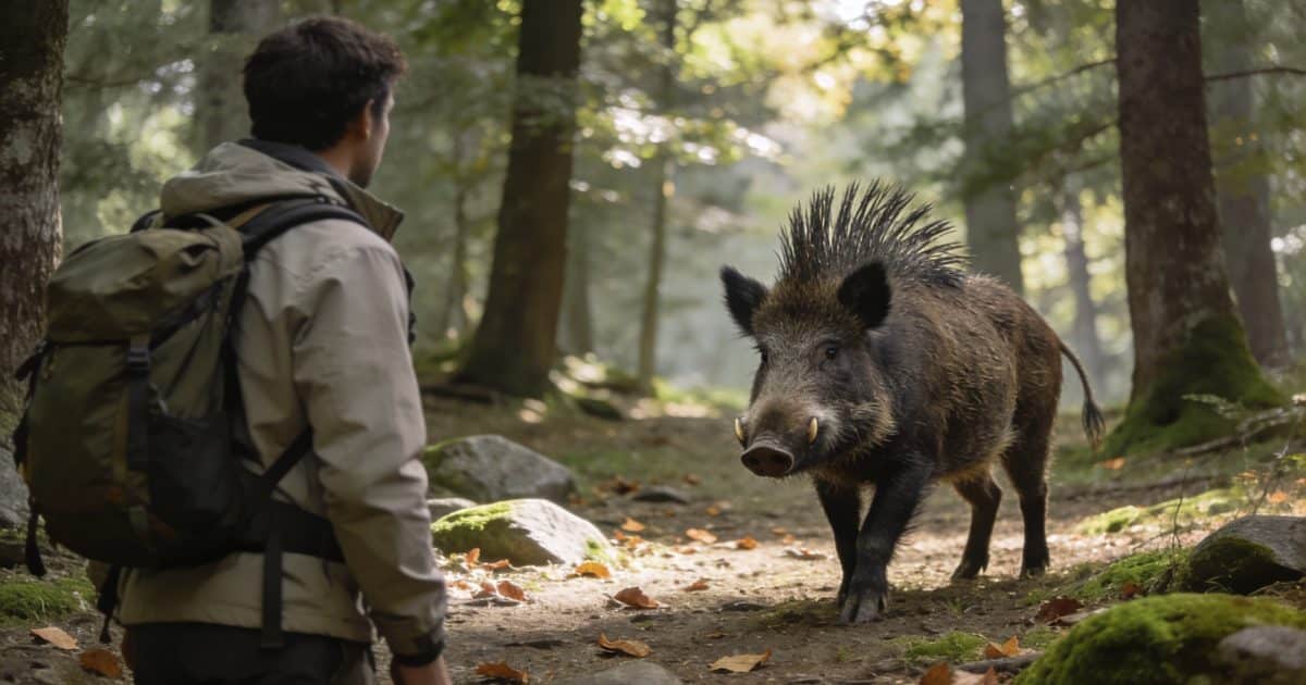 Randonneur immobile observant un sanglier menaçant en foret