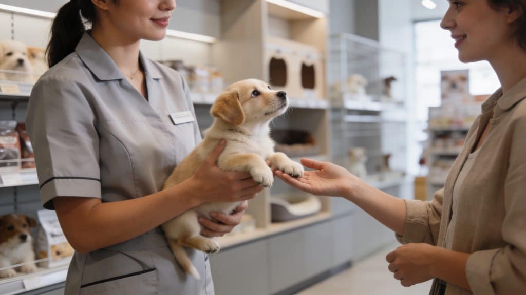 vendeuse remettant un chiot a un client en magasin