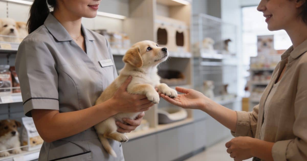 vendeuse remettant un chiot a un client en magasin