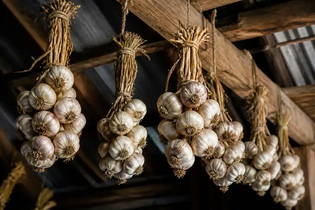 Grappes d'ail suspendues à cordes dans grenier rustique