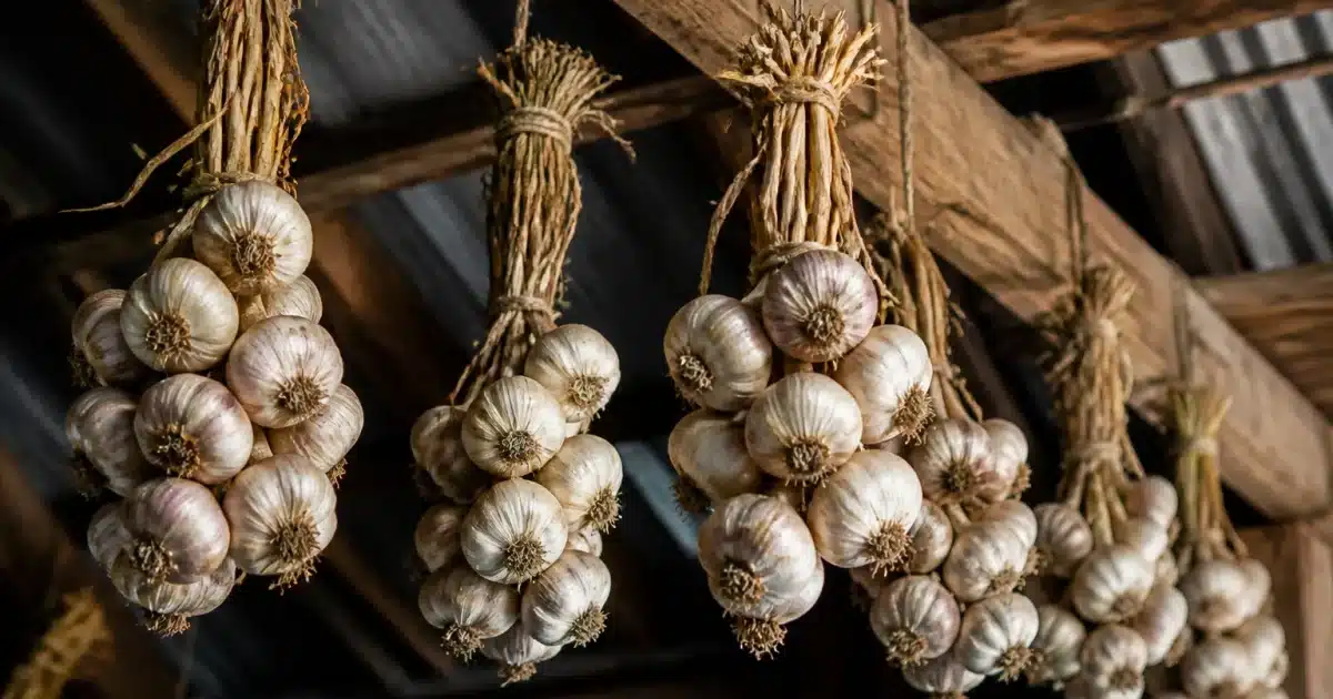Grappes d'ail suspendues à cordes dans grenier rustique