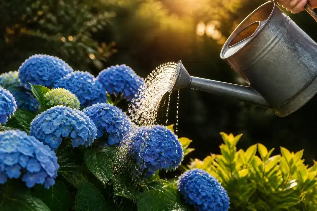 Arrosoir versant eau sur hortensia bleu en fin journée