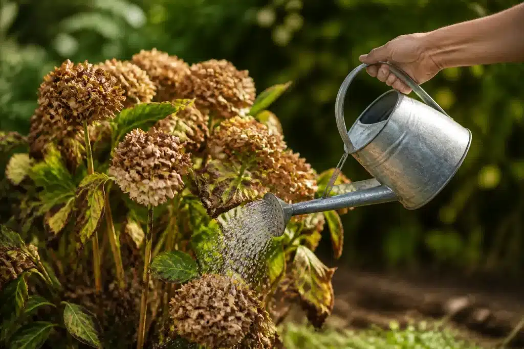 Main versant eau sur hortensia aux feuilles flétries