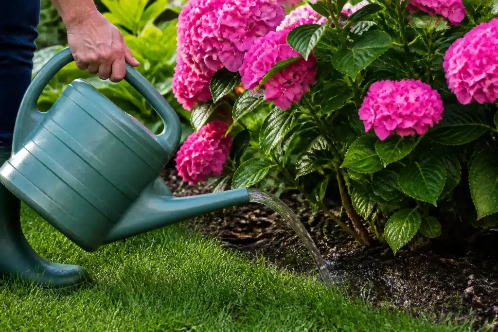 Main versant eau lentement au pied hortensia