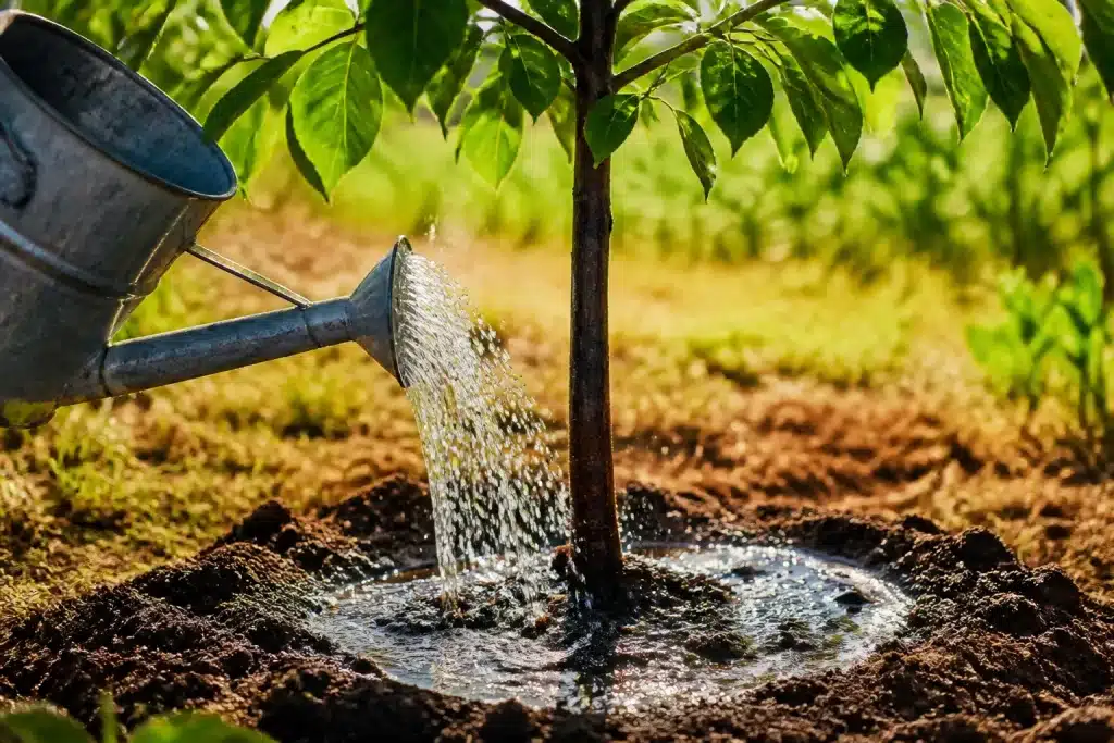 Arrosoir versant eau profonde autour jeune arbre fruitier