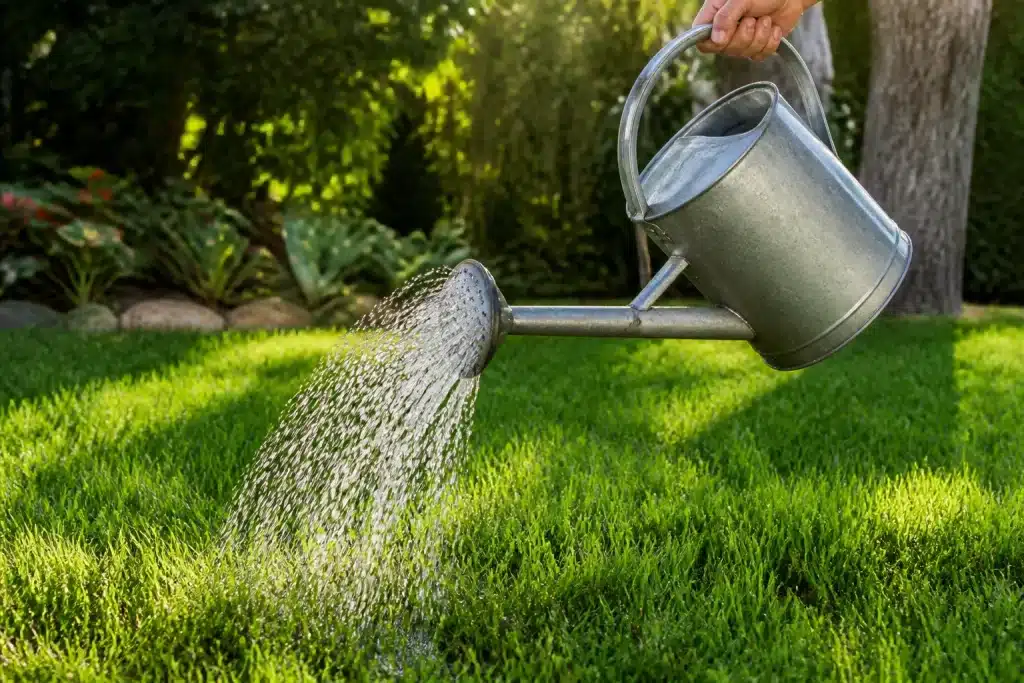 Arrosoir versant eau profonde sur pelouse verte
