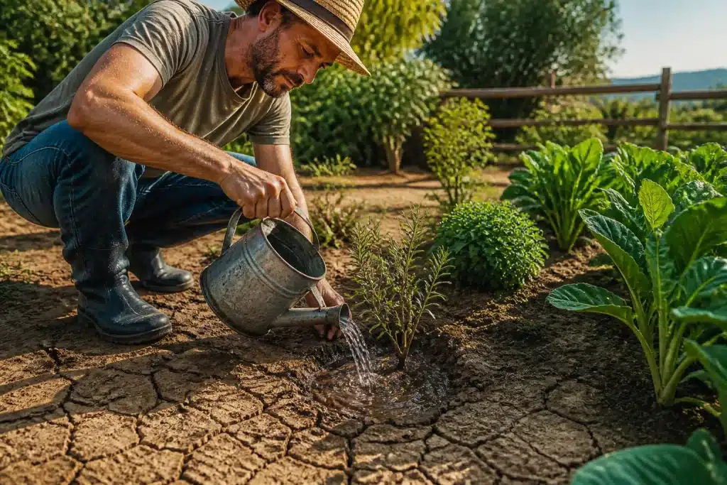 Jardinier versant eau profondement dans sol sec