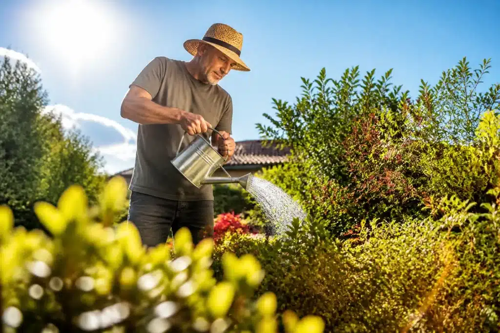 Jardinier versant eau sur plantes sous soleil intense midi