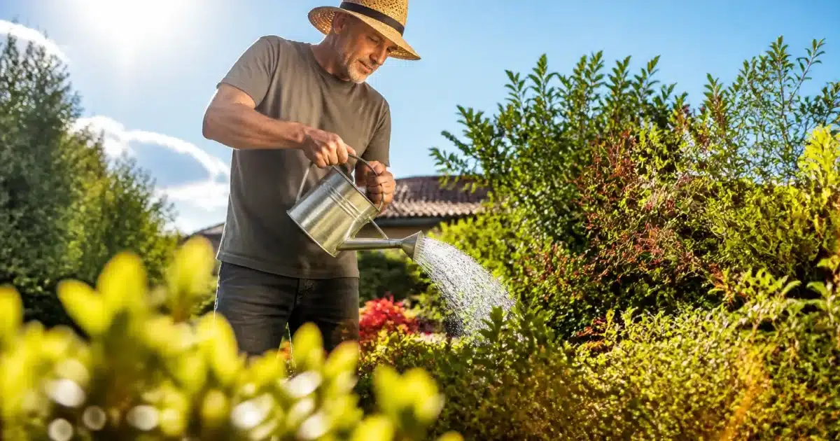 Jardinier versant eau sur plantes sous soleil intense midi