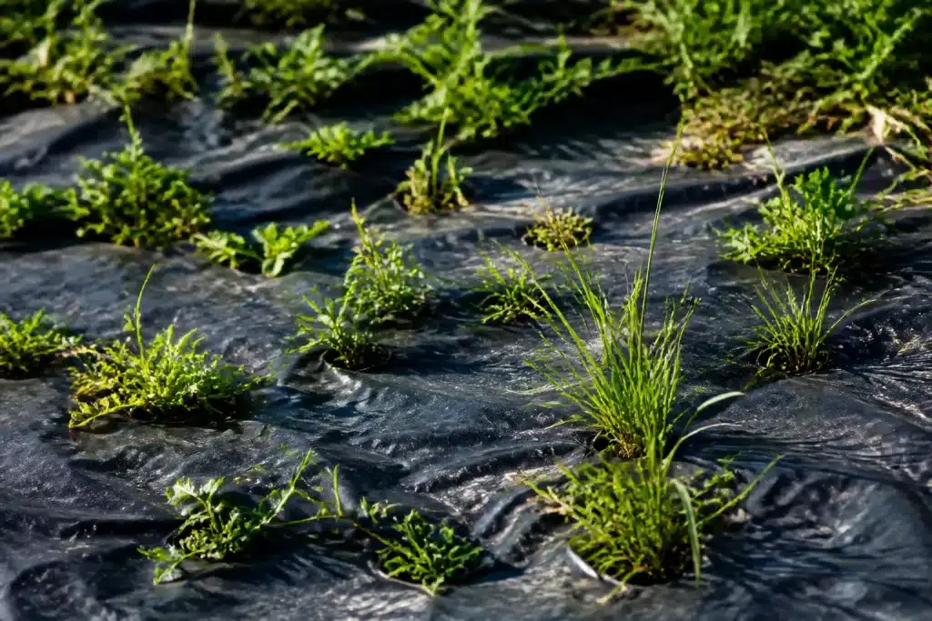 Bâche noire recouvrant sol envahi de mauvaises herbes vertes