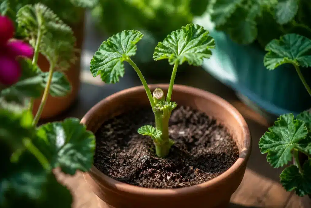 Bouture de géranium en pot sous lumière douce diffuse