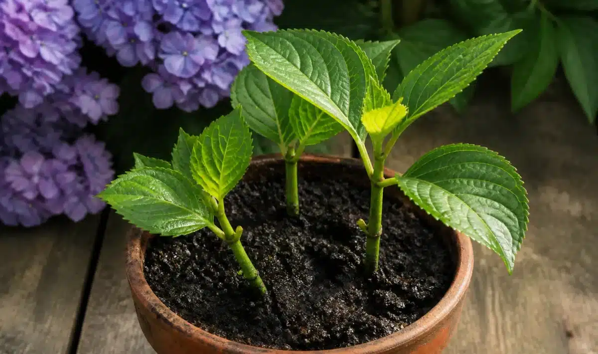 Jeunes tiges d'hortensia prélevées en pot terreau humide