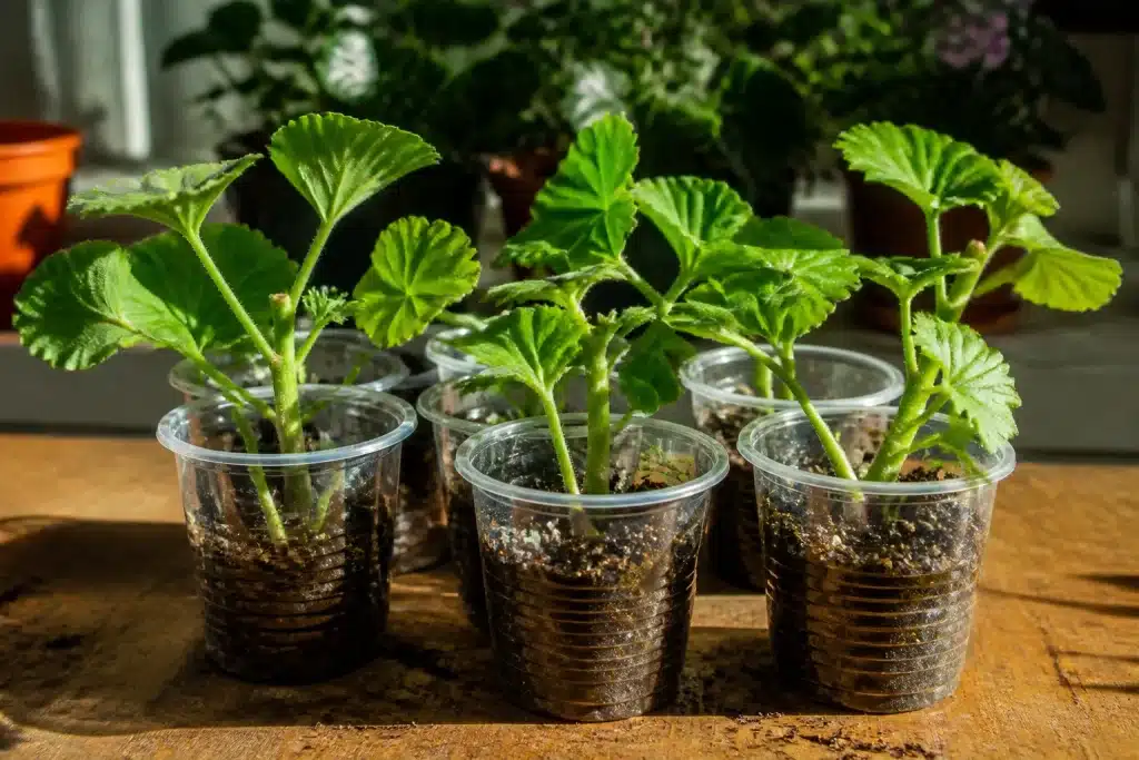 Boutures vertes de geranium dans petits pots transparents