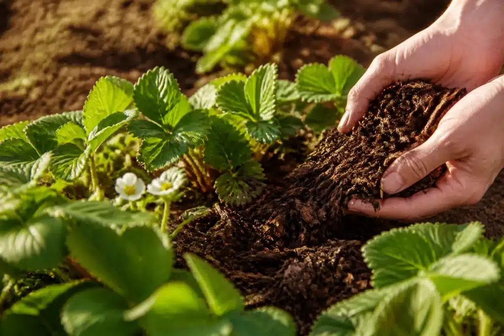 Compost brun applique au pied fraisier automnal