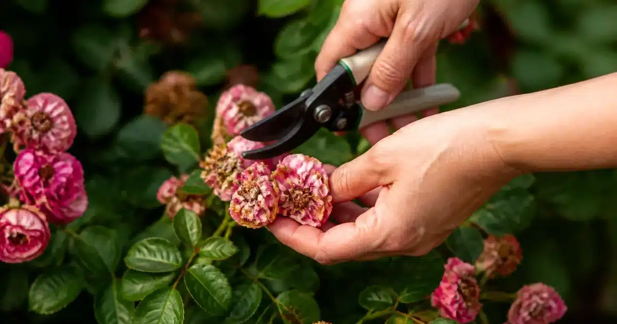 Mains coupant fleurs roses fanees sur arbuste vert