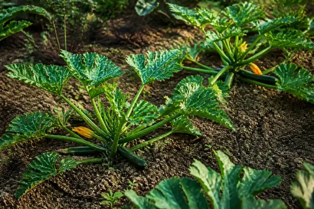 Courgettes espacées au potager avec feuillage aéré
