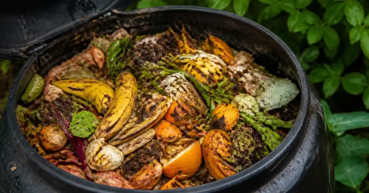 Restes alimentaires pourris entassés dans bac compost noir ouvert
