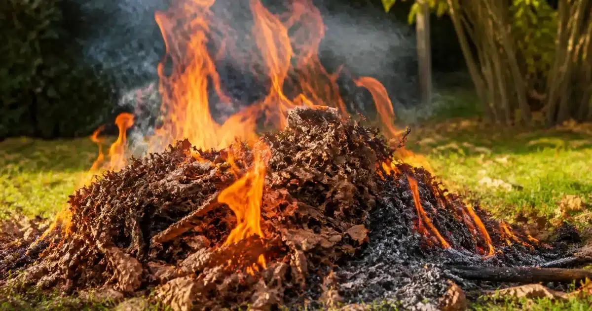 Tas de feuilles mortes brulant au sol dans jardin residential