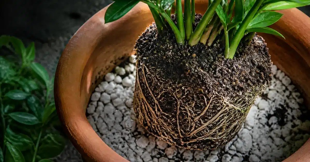 Ustensile de cuisine rempli de drainage blanc au fond d'un pot de plante