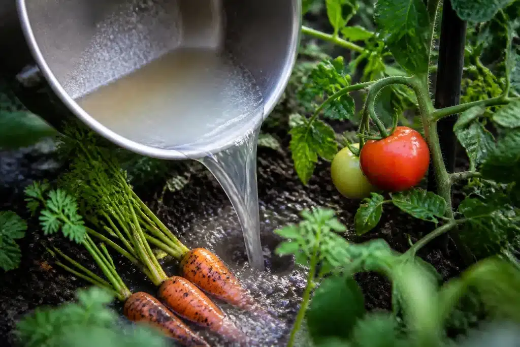 Eau de cuisson versée sur tomates et carottes du potager