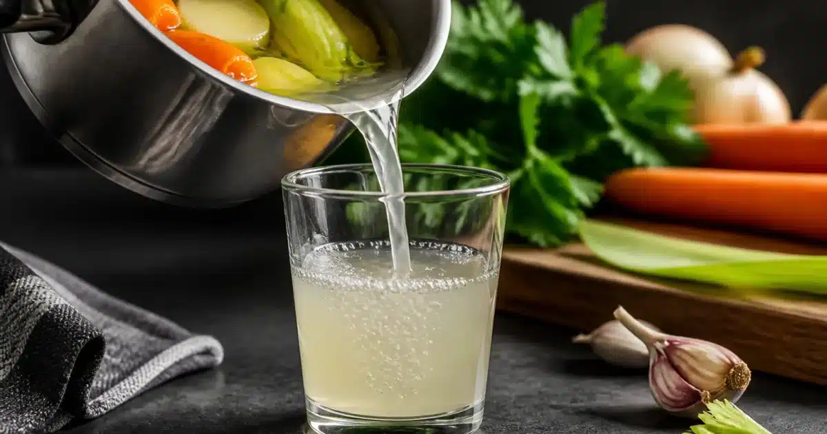 Un verre rempli d'eau trouble versée depuis une casserole de légumes cuits
