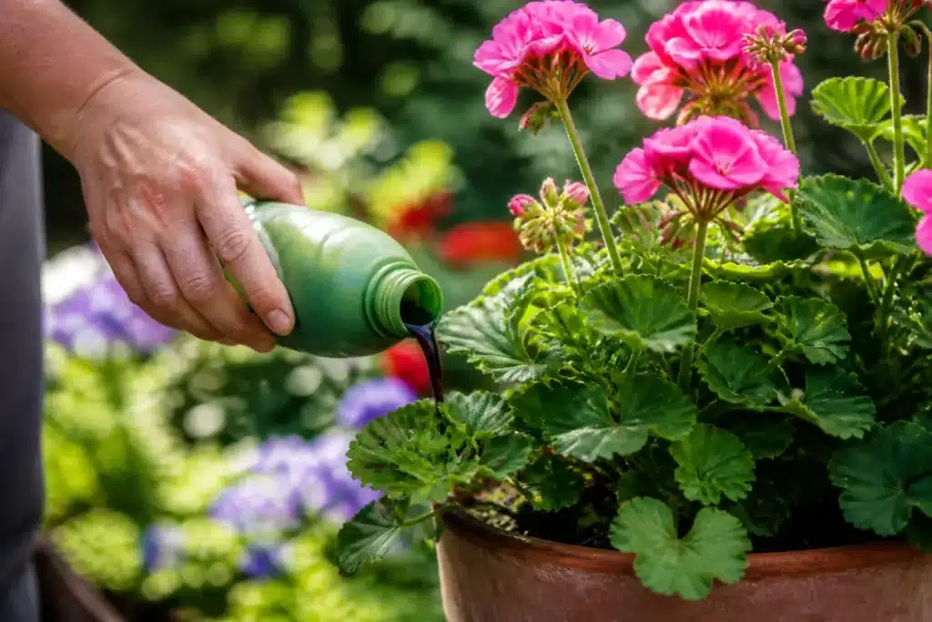 Main de jardinier versant engrais liquide sur geranium rose fleuri