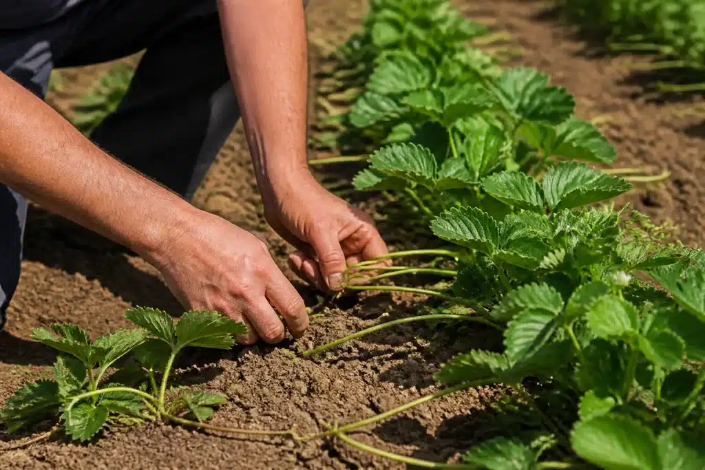 Mains retirant stolons de plants fraisiers etablis en rangees