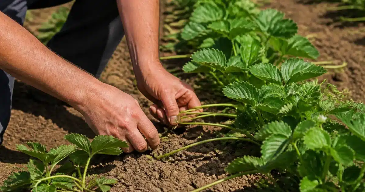 Mains retirant stolons de plants fraisiers etablis en rangees