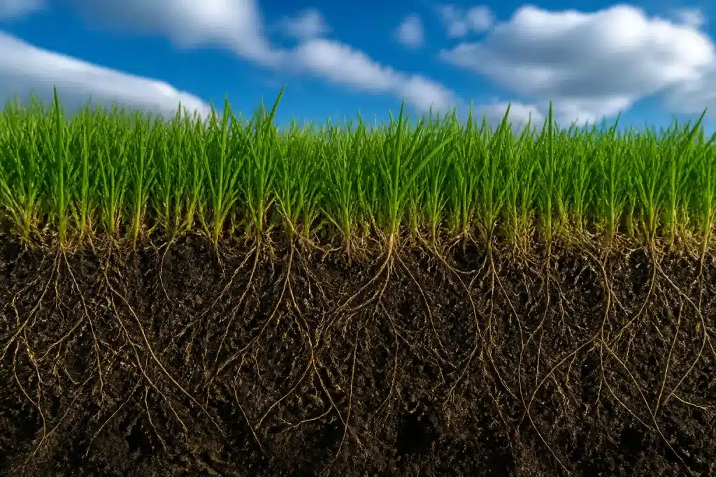 Pelouse verte avec herbe haute et racines profondes visibles