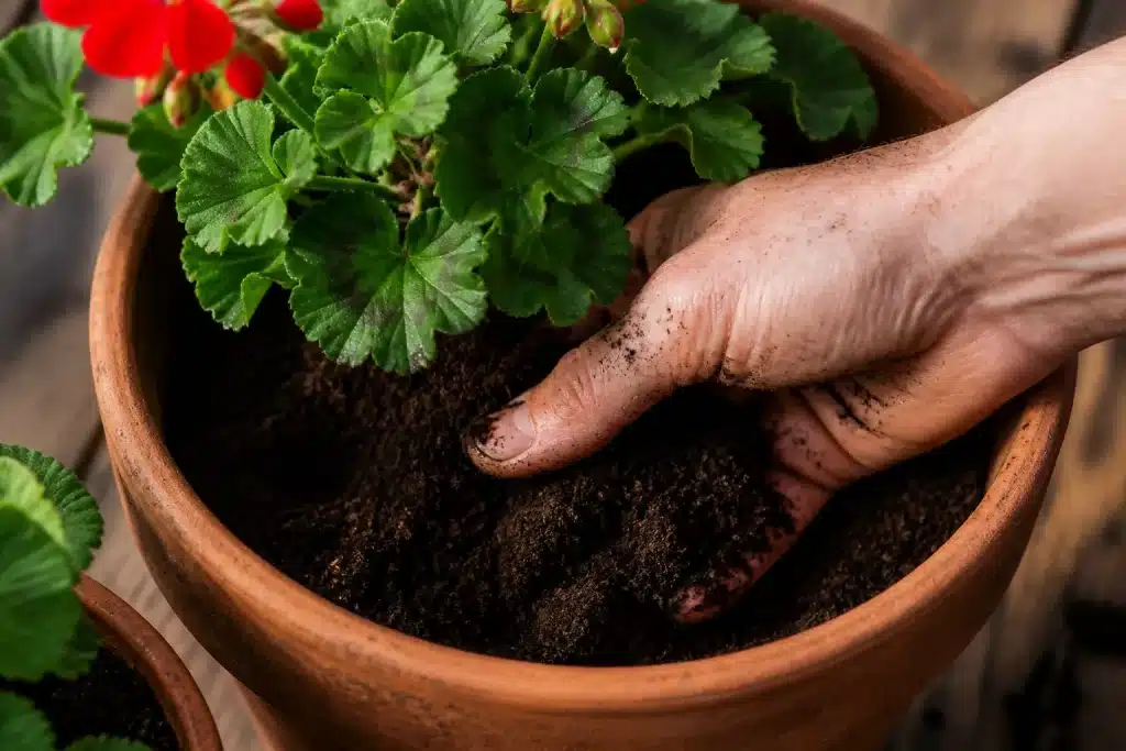 Main dans pot avec geranium et terreau frais brun