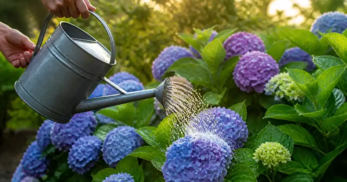 Mains versant eau sur fleurs d'hortensia en fin d'après-midi