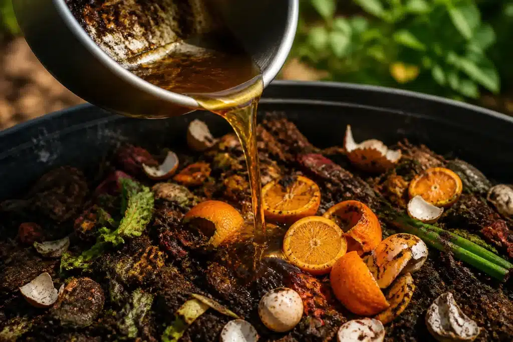 Huile de cuisson versée sur tas de compost avec agrumes.