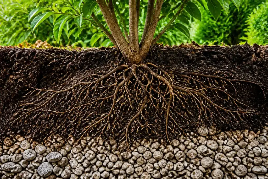Sol drainant avec gravier et racines visibles plantées