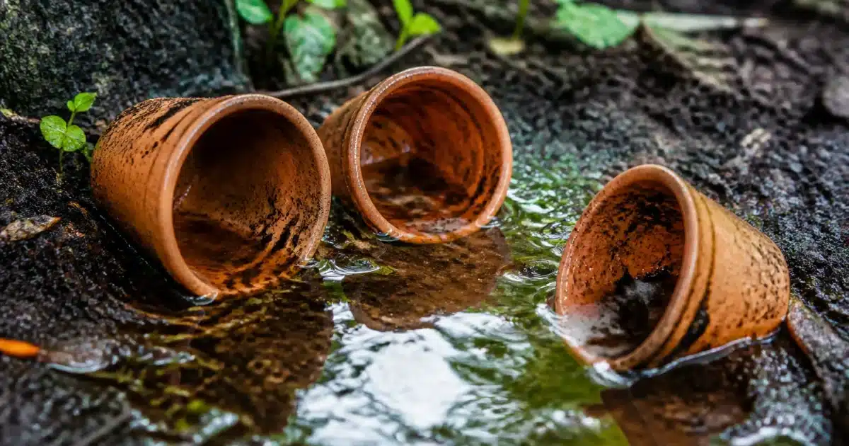 Petits recipients en terre renverses sur sol humide contenant eau stagnante