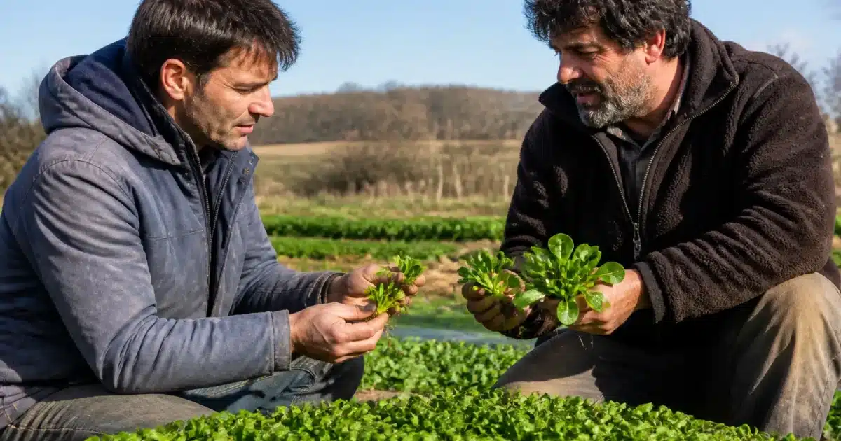Deux jardiniers comparant leurs récoltes de mâche à différents stades