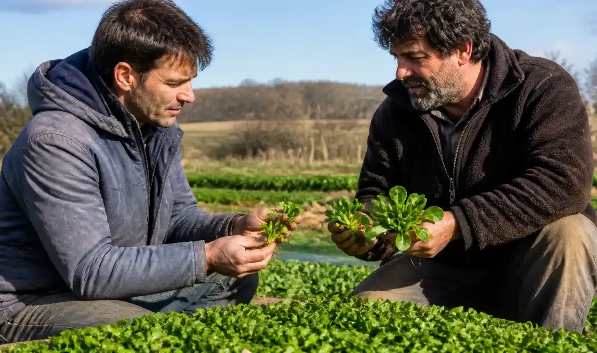 Deux jardiniers comparant leurs récoltes de mâche à différents stades