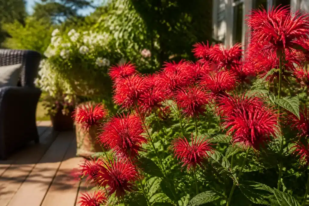 Fleurs rouges de monarde dense près d'une terrasse ensoleillée