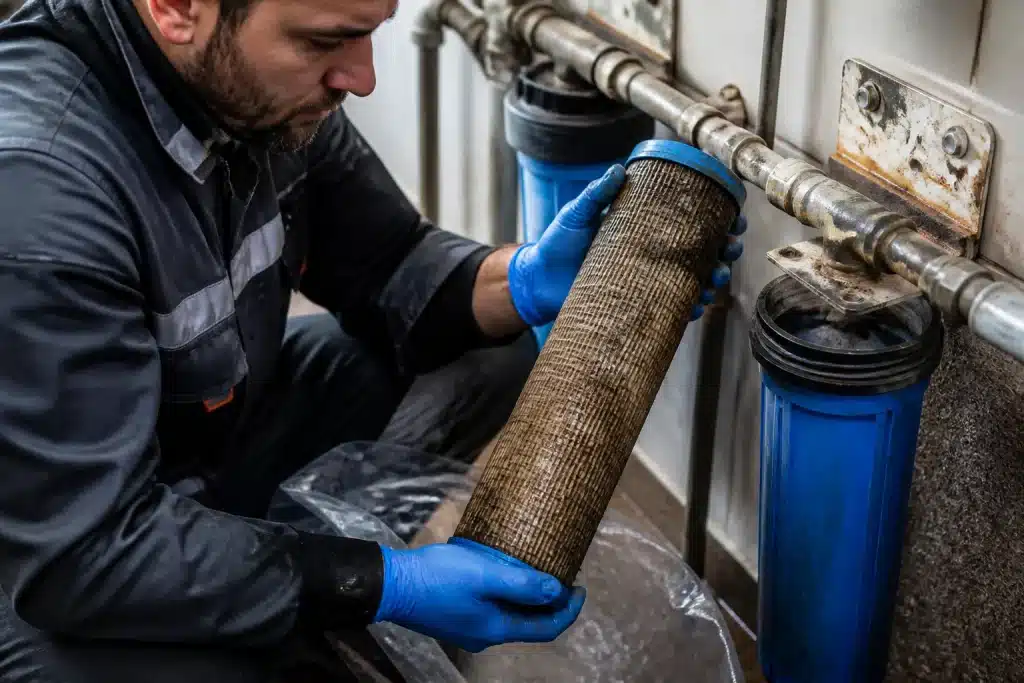 Technicien nettoyant filtre encrassé installation système eau