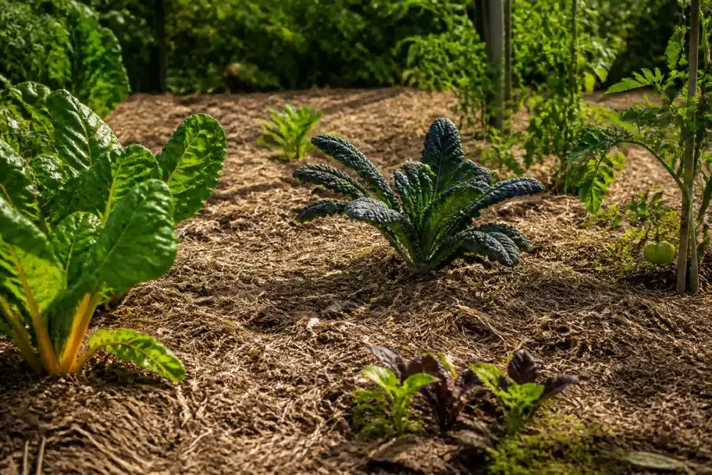 Couche epaisse de paillis brun couvrant entierement le sol du potager