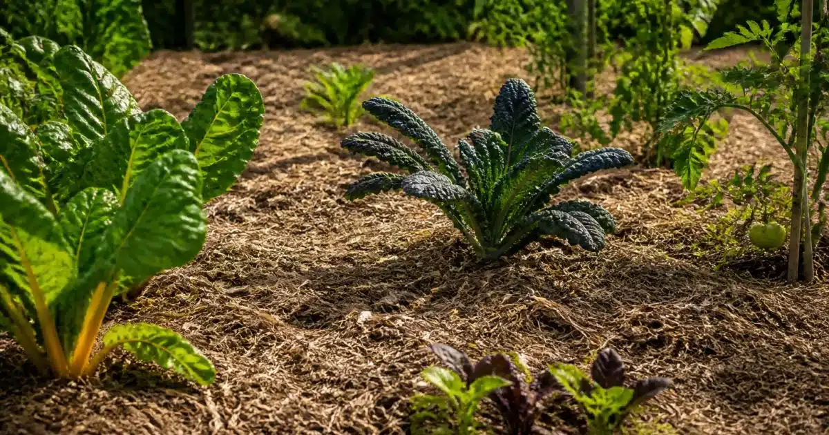 Couche epaisse de paillis brun couvrant entierement le sol du potager