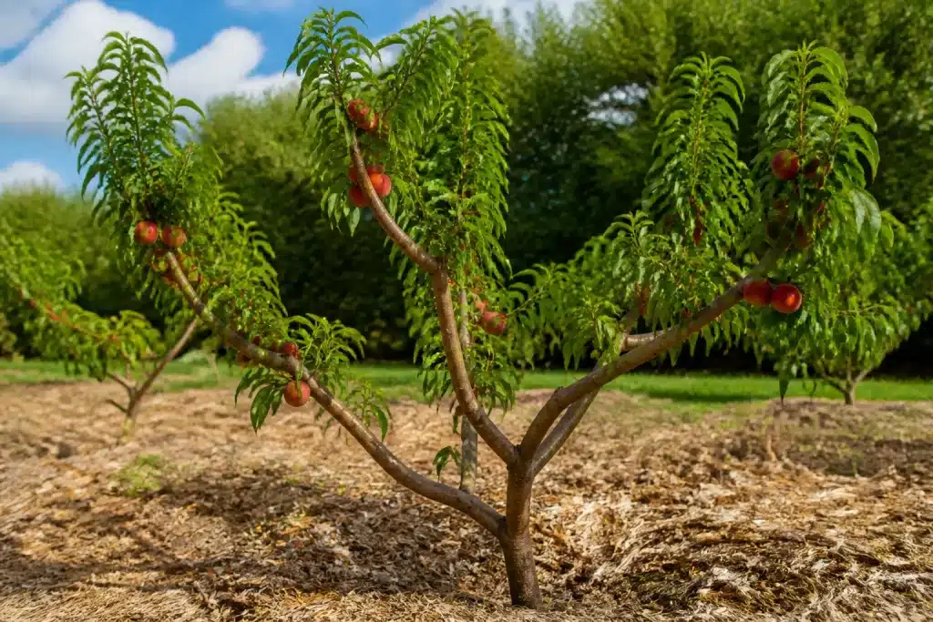 Pecher avec branches taillee et paillis au sol