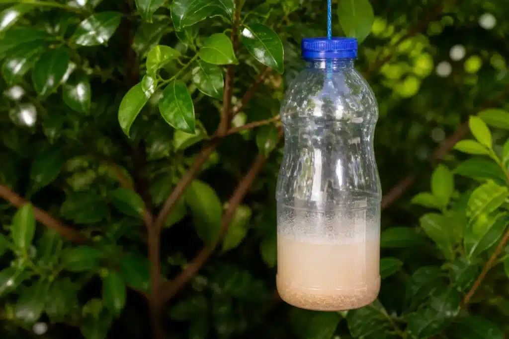Bouteille artisanale contenant sucre et levure comme piège écologique