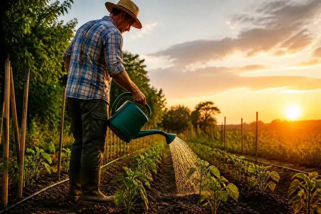 Jardinier arrosant jeunes plants au coucher du soleil