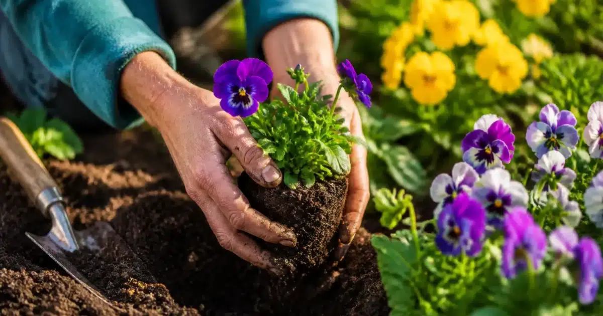 Mains de jardinier plantant des fleurs colorées en terre brune