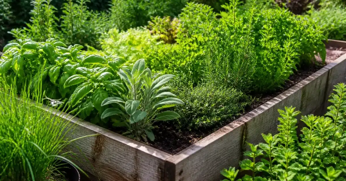 Plantes aromatiques vertes disposées autour d'un jardin potager surélevé
