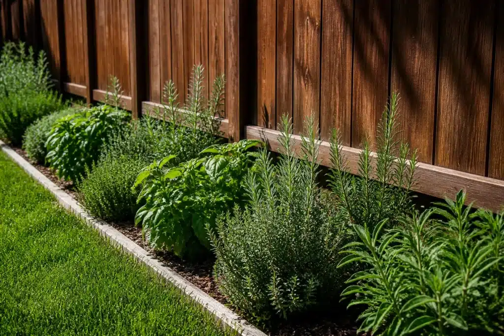 Plantes aromatiques alignees le long d'une cloture en bois