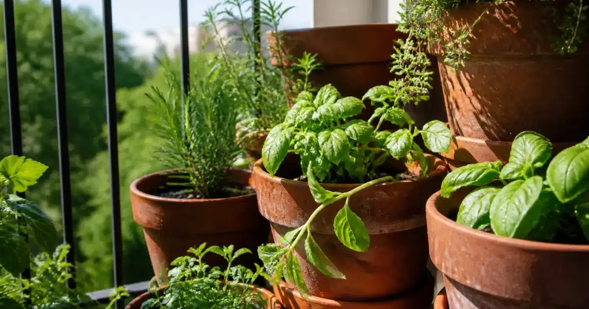 Pots empiles sur balcon ensoleille contenant plantes vertes arrosees